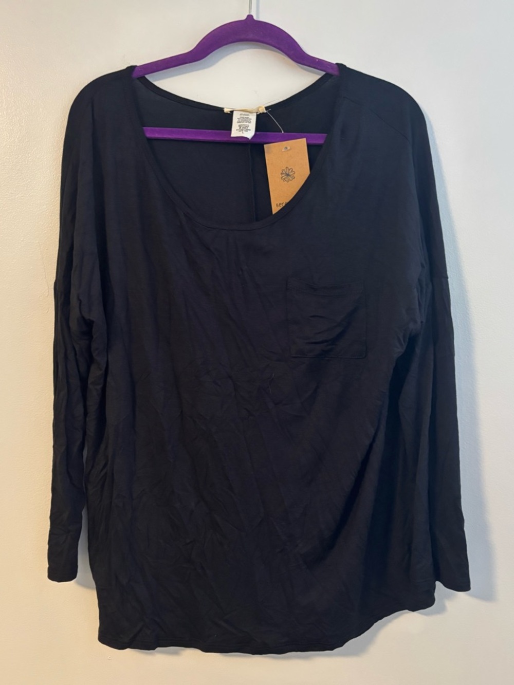 Serene Blue Black Wide Crew Long Sleeve Crossover Back Rayon Blouse Top Large